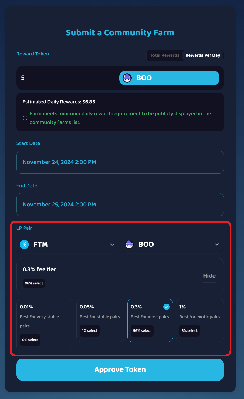 Select LP pair and fee tier