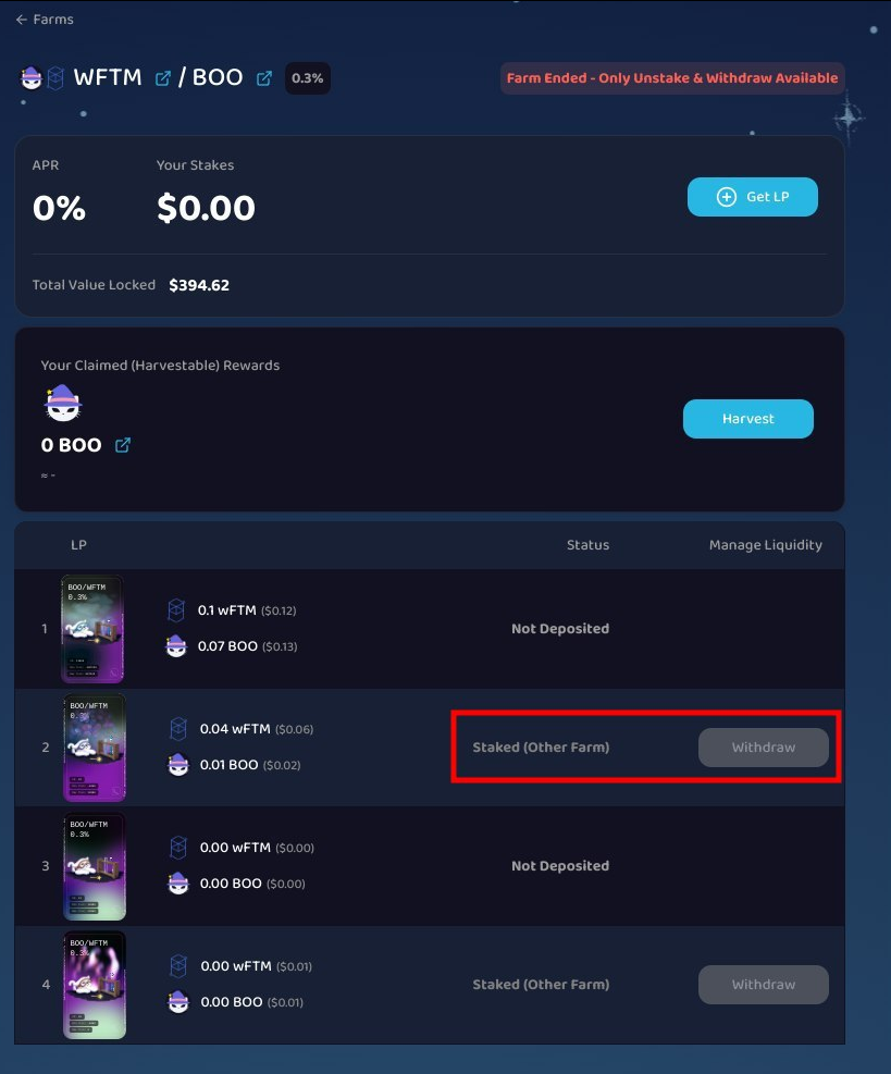 Staked in Other Farm warning